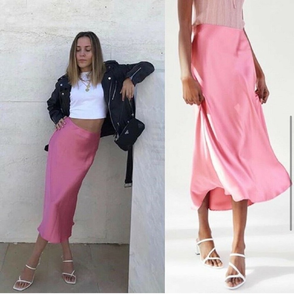 Long satin pink midi skirt NWOT